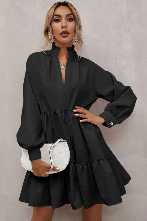 Frilled Stand Collar Long Sleeve Ruffle Dress